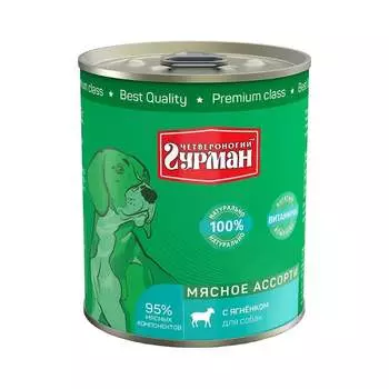 Четвероногий Гурман Мясное ассорти влажный корм для собак, фарш из ягненка, в консервах - 340 г повседневный премиум для взрослых с ягненком для всех пород консервы (в железной банке) Россия 1 уп. х 1 шт. х 0.34 кг