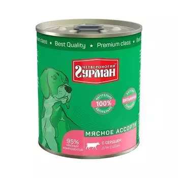 Четвероногий Гурман Мясное ассорти влажный корм для собак, фарш из сердца, в консервах - 340 г повседневный супер премиум без курицы для взрослых с сердцем для всех пород консервы (в железной банке) Российский корм 1 уп. х 12 шт. х 4.08 кг