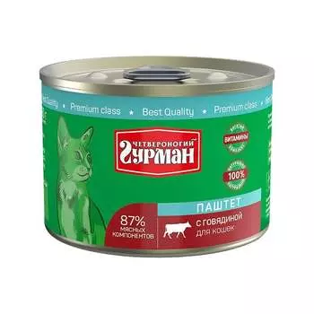 Четвероногий Гурман влажный корм для кошек, паштет с говядиной, в консервах - 190 г повседневный премиум для взрослых с говядиной консервы (в железной банке) Россия 1 уп. х 12 шт. х 2.28 кг
