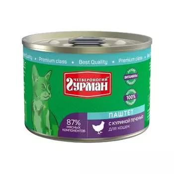 Четвероногий Гурман влажный корм для кошек, паштет с куриной печенью, в консервах - 190 г повседневный премиум для взрослых с печенью консервы (в железной банке) Российский корм 1 уп. х 12 шт. х 2.28 кг