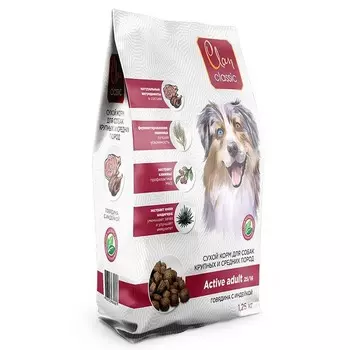 Clan Classic Active 25/16 сухой корм для собак средних и крупных пород с высокой активностью, с говядиной и индейкой - 1,25 кг повседневный премиум для взрослых с говядиной породы крупного размера мешок Россия 1 уп. х 1 шт. х 1.25 кг