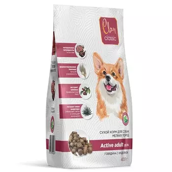 Clan Classic Active 25/16 сухой корм для собак мелких пород с высокой активностью, с говядиной и индейкой - 400 г повседневный премиум для взрослых с говядиной породы мелкого размера мешок Российский корм 1 уп. х 1 шт. х 0.4 кг