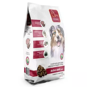 Clan Classic Active 25/16 сухой корм для собак средних и крупных пород с высокой активностью, с говядиной и индейкой - 1,25 кг повседневный премиум для взрослых с говядиной породы крупного размера мешок Российский корм 1 уп. х 1 шт. х 1.25 кг