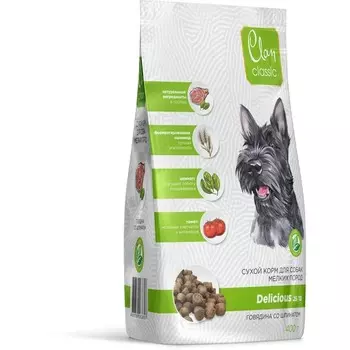 Clan Classic Delicious 25/13 сухой корм для собак мелких пород, с говядиной, с томатом и шпинатом - 400 г супер премиум для взрослых с говядиной породы мелкого размера мешок Россия 1 уп. х 1 шт. х 0.4 кг