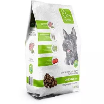 Clan Classic Delicious 25/13 сухой корм для собак мелких пород, с говядиной, с томатом и шпинатом - 1,25 кг супер премиум для взрослых с говядиной породы мелкого размера мешок Россия 1 уп. х 1 шт. х 1.25 кг