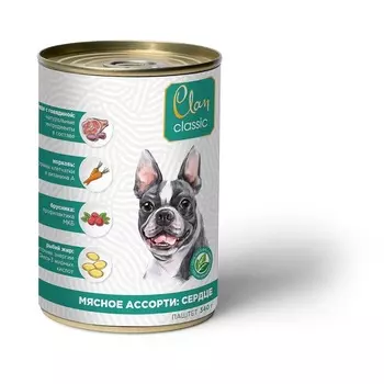 Clan Classic влажный корм для собак, паштет с мясным ассорти и сердцем, в консервах - 340 г повседневный премиум для взрослых с сердцем для всех пород консервы (в железной банке) Российский корм 1 уп. х 9 шт. х 3.06 кг