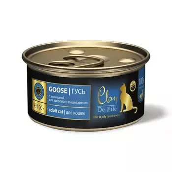 Clan De File полнорационный влажный корм для кошек, с гусем, кусочки в желе, в консервах - 100 г повседневный супер премиум для взрослых с гусем для всех пород консервы (в железной банке) Российский корм 1 уп. х 16 шт. х 1.6 кг