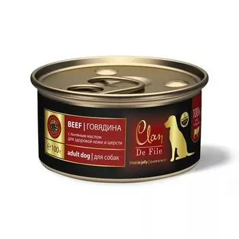 Clan De File полнорационный влажный корм для собак, с говядиной, кусочки в желе, в консервах - 100 г повседневный супер премиум без курицы для взрослых с говядиной для всех пород консервы (в железной банке) Российский корм 1 уп. х 16 шт. х 1.6 кг