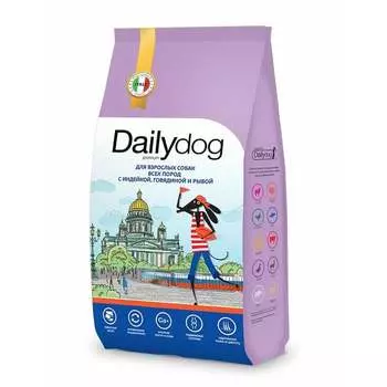 Dailydog Casual сухой корм для взрослых собак всех пород с ИНДЕЙКОЙ, ГОВЯДИНОЙ и РЫБОЙ - 12 кг повседневный премиум без курицы для взрослых с рыбой для всех пород мешок Российский корм 1 уп. х 1 шт. х 12 кг