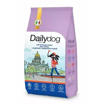 Dailydog Casual сухой корм для взрослых собак всех пород с ИНДЕЙКОЙ, ГОВЯДИНОЙ и РЫБОЙ - 3 кг повседневный премиум без курицы для взрослых с рыбой для всех пород мешок Российский корм 1 уп. х 1 шт. х 3 кг
