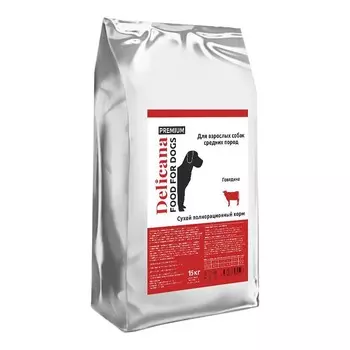 Delicana для собак средних пород, с говядиной - 15 кг премиум для взрослых с говядиной мешок Россия 1 уп. х 1 шт. х 15 кг