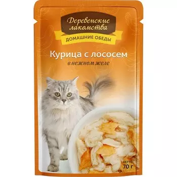 Деревенские лакомства Домашние обеды влажный корм для кошек, с курицей и лососем, кусочки в желе, в паучах - 70 г повседневный супер премиум для взрослых с курицей паучи Таиланд 1 уп. х 12 шт. х 0.84 кг