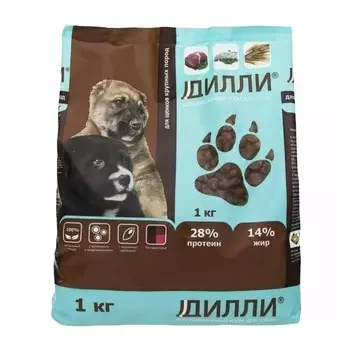 Дилли полнорационный сухой корм для щенков крупных пород, с курицей и индейкой - 1 кг повседневный эконом для щенков с индейкой породы крупного размера мешок Российский корм 1 уп. х 1 шт. х 1 кг