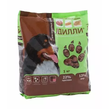 Дилли полнорационный сухой корм для собак, говяжий гуляш с овощами - 1 кг повседневный эконом для взрослых с говядиной для всех пород мешок Российский корм 1 уп. х 1 шт. х 1 кг