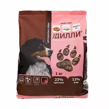 Дилли полнорационный сухой корм собак при проблемах с ЖКТ и аллергии, с рыбой и рисом - 1 кг повседневный эконом для взрослых с рыбой для всех пород мешок Российский корм 1 уп. х 1 шт. х 1 кг