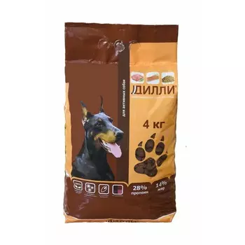 Дилли сухой корм для активных взрослых собак всех пород полнорационный, с курицей и индейкой повседневный эконом для взрослых с индейкой для всех пород мешок Россия 1 уп. х 1 шт. х 4 кг