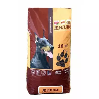 Дилли сухой корм для активных взрослых собак всех пород полнорационный, с курицей и индейкой - 16 кг повседневный эконом для взрослых с индейкой для всех пород мешок Российский корм 1 уп. х 1 шт. х 16 кг