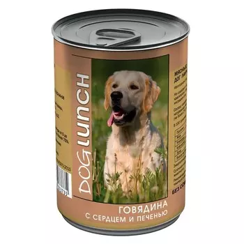 Dog Lunch влажный корм для собак с ГОВЯДИНОЙ, СЕРДЦЕМ и ПЕЧЕНЬЮ в желе, в консервах - 410 г с печенью консервы (в железной банке) Российский корм 1 уп. х 12 шт. х 4.92 кг