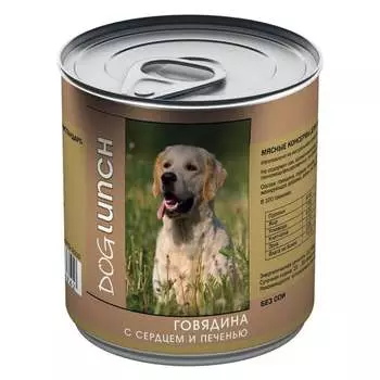 Dog Lunch влажный корм для собак с ГОВЯДИНОЙ, СЕРДЦЕМ и ПЕЧЕНЬЮ в желе, в консервах - 750 г с печенью консервы (в железной банке) Российский корм 1 уп. х 12 шт. х 9 кг