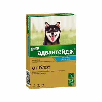 Elanco Адвантейдж капли на холку от блох для собак весом от 4 до 10 кг - 4 пипетки от вшей породы мелкого размера Германия 1 уп. х 1 шт. х 0.001 кг