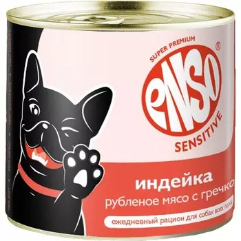 Enso Sensitive консервированный корм для взрослых собак с чувствительным пищеварением, полнорационный, профилактический, низкожировой, для поддержания здоровья суставов и связок, рубленое мясо индейки с гречкой, в консервах - 190 г повседневный супер премиум холистики для взрослых с индейкой для всех пород паштет и ламистеры Российский корм 1 уп. х 12 шт. х 2.28 кг