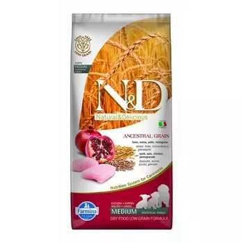 Farmina N&D Ancestral Grain Dog Chicken & Pomegranate Puppy Medium & Maxi сухой низкозерновой корм для щенков крупных и средних пород с курицей и гранатом - 12 кг повседневный супер премиум низкозерновые для щенков с курицей породы крупного размера мешок Импортный корм 1 уп. х 1 шт. х 12 кг