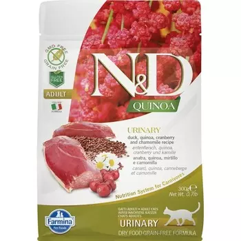 Farmina N&d Cat Grain Free Quinoa Urinary Duck сухой корм для кошек беззерновой для профилактики мочекаменной болезни с уткой - 300 г повседневный супер премиум беззерновые для взрослых с уткой мешок Импортный корм 1 уп. х 1 шт. х 0.3 кг