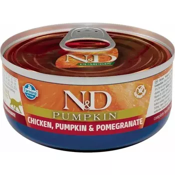 Farmina N&D Cat Pumpkin влажный корм для кошек, с курицей, гранатом и тыквой в консервах -70 г повседневный супер премиум для взрослых с курицей для всех пород консервы (в железной банке) Сербия 1 уп. х 30 шт. х 2.1 кг
