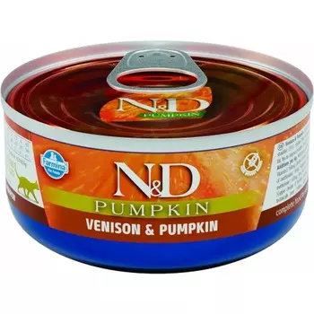 Farmina N&D Cat Pumpkin влажный корм для кошек, с олениной и тыквой в консервах -70 г повседневный супер премиум для взрослых с олениной для всех пород консервы (в железной банке) Импортный корм 1 уп. х 24 шт. х 1.68 кг