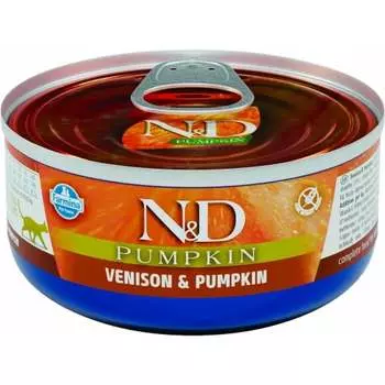 Farmina N&D Cat Pumpkin влажный корм для кошек, с олениной и тыквой в консервах -70 г повседневный супер премиум для взрослых с олениной для всех пород консервы (в железной банке) Сербия 1 уп. х 30 шт. х 2.1 кг