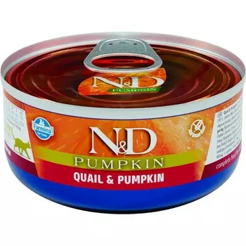 Farmina N&D Cat Pumpkin влажный корм для кошек, с тыквой и перепелом в консервах -70 г повседневный супер премиум для взрослых с перепелкой для всех пород консервы (в железной банке) Импортный корм 1 уп. х 24 шт. х 1.68 кг