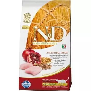 Farmina N&D Low Grain Cat Chicken & Pomegranate Neutered - 1,5 кг повседневный супер премиум низкозерновые для взрослых с курицей мешок Импортный корм 1 уп. х 1 шт. х 1.5 кг
