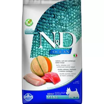 Farmina N&D Ocean Cantaloupe Melon Adult Mini сухой корм для взрослых собак мелких пород с лососем, треской и дыней мелких пород - 2,5 кг повседневный супер премиум беззерновые для взрослых с треской породы мелкого размера мешок Сербия 1 уп. х 1 шт. х 2.5 кг