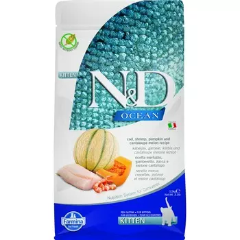 Farmina N&D Ocean Cat Codfish, Shrimp, Pumpkin & Cantaloupe Melon Kitten сухой беззерновой корм для котят с треской, креветками, тыквой и дыней - 1,5 кг повседневный супер премиум беззерновые для котят с треской для всех пород мешок Импортный корм 1 уп. х 1 шт. х 1.5 кг