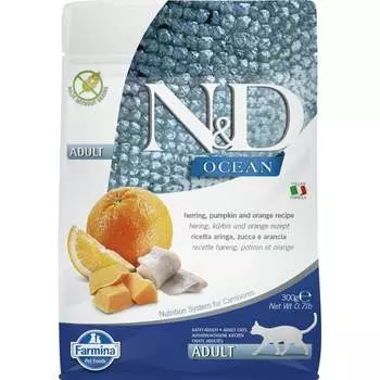 Farmina N&d Ocean Cat Herring Pumkin & Orange Adult сухой корм для кошек с сельдью, тыквой и апельсином - 300 г повседневный супер премиум беззерновые для взрослых с сельдью мешок Сербия 1 уп. х 1 шт. х 0.3 кг