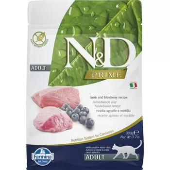Farmina N&D Prime Cat Grain Free Lamb & Blueberry Adult сухой беззерновой корм для взрослых кошек с ягненком и черникой - 300 г повседневный супер премиум беззерновые для взрослых с ягненком мешок Импортный корм 1 уп. х 1 шт. х 0.3 кг
