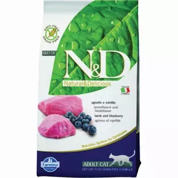 Farmina N&D Prime Cat Grain Free Lamb & Blueberry Adult сухой беззерновой корм для взрослых кошек с ягненком и черникой - 10 кг повседневный супер премиум без курицы для взрослых с ягненком мешок Импортный корм 1 уп. х 1 шт. х 10 кг
