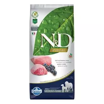 Farmina N&D Prime Dog Grain Free Lamb & Blueberry Adult Medium & Maxi сухой беззерновой корм для взрослых собак крупных и средних пород с ягненком и черникой - 12 кг повседневный супер премиум беззерновые для взрослых с ягненком породы крупного размера мешок Импортный корм 1 уп. х 1 шт. х 12 кг