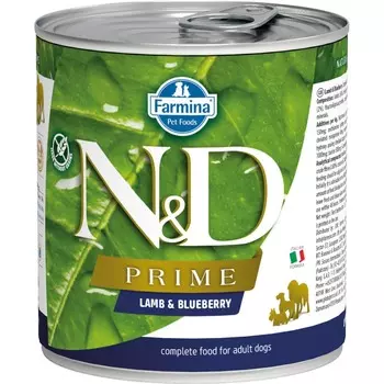 Farmina N&D Prime Dog влажный беззерновой корм для взрослых собак с ягненком и черникой - 285 г (6 шт в уп) повседневный супер премиум беззерновые для взрослых с ягненком для всех пород консервы (в железной банке) Импортный корм 1 уп. х 6 шт. х 1.71 кг