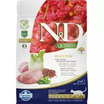 Farmina N&D Quinoa Cat Grain Free Digestion Lamb сухой беззерновой корм для взрослых кошек для поддержки пищеварения с ягненком и киноа - 300 г повседневный супер премиум беззерновые для взрослых с ягненком мешок Импортный корм 1 уп. х 1 шт. х 0.3 кг