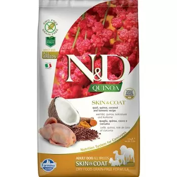 Farmina N&D Quinoa Dog Grain Free Skin & Coat Quail сухой беззерновой корм для взрослых собак для кожи и шерсти с перепелом и киноа - 2,5 кг повседневный супер премиум беззерновые для взрослых с киноа для всех пород мешок Импортный корм 1 уп. х 1 шт. х 2.5 кг