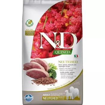 Farmina N&D Quinoa Dog Neutered Medium&Maxi сухой беззерновой корм для стерилизованных собак средних и крупных пород с уткой, киноа, брокколи и спаржей - 2,5 кг повседневный супер премиум беззерновые для взрослых с уткой породы крупного размера мешок Импортный корм 1 уп. х 1 шт. х 2.5 кг
