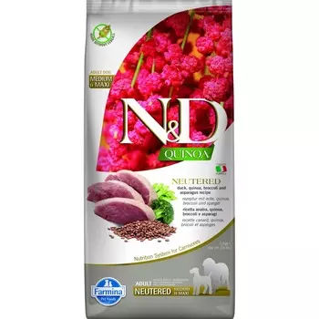 Farmina N&D Quinoa Dog Neutered Medium&Maxi сухой беззерновой корм для стерилизованных собак средних и крупных пород с уткой, киноа, брокколи и спаржей - 12 кг повседневный супер премиум беззерновые для взрослых с уткой породы крупного размера мешок Импортный корм 1 уп. х 1 шт. х 12 кг