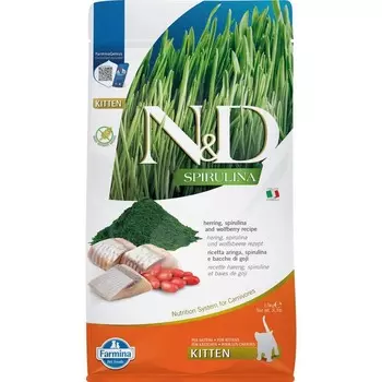 Farmina N&D Spirulina Kitten для котят, с селедью и ягодами годжи - 1,5 кг супер премиум низкозерновые для котят с ягодами для всех пород Импортный корм 1 уп. х 1 шт. х 1.5 кг
