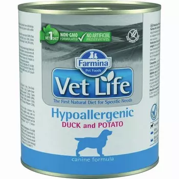 Farmina Vet Life Dog Hypoallergenic влажный корм для собак при аллергии с уткой и картофелем - 300 г (6 шт в уп) диетические супер премиум для взрослых с уткой для всех пород консервы (в железной банке) Импортный корм 1 уп. х 1 шт. х 0.3 кг