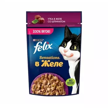 Felix Sensations полнорационный влажный корм для кошек, с уткой и шпинатом, кусочки в желе, в паучах - 75 г повседневный премиум для взрослых с уткой для всех пород паучи Российский корм 1 уп. х 26 шт. х 1.95 кг