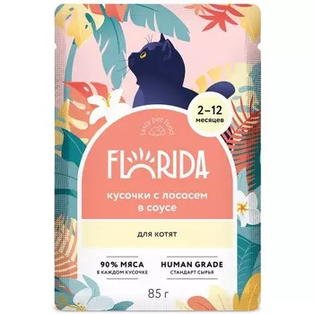 Florida для котят, с лососем в соусе, в паучах - 85 г супер премиум для котят с лососем для всех пород паучи Российский корм 1 уп. х 12 шт. х 1.02 кг