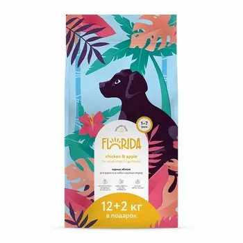 Florida полнорационный сухой корм для собак крупных пород, с курицей и яблоком - 12+2 кг повседневный супер премиум для взрослых с курицей породы крупного размера мешок Российский корм 1 уп. х 1 шт. х 14 кг