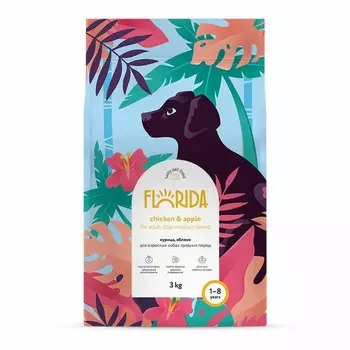 Florida полнорационный сухой корм для собак средних пород, с курицей и яблоком - 3 кг повседневный супер премиум для взрослых с курицей породы среднего размера мешок Российский корм 1 уп. х 1 шт. х 3 кг