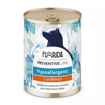 Florida Preventive Line Hypoallergenic полнорационный влажный корм для собак, гипоаллергенный, с индейкой, кусочки в желе, в консервах - 340 г супер премиум для всех возрастов с индейкой для всех пород консервы (в железной банке) Российский корм 1 уп. х 12 шт. х 4.08 кг